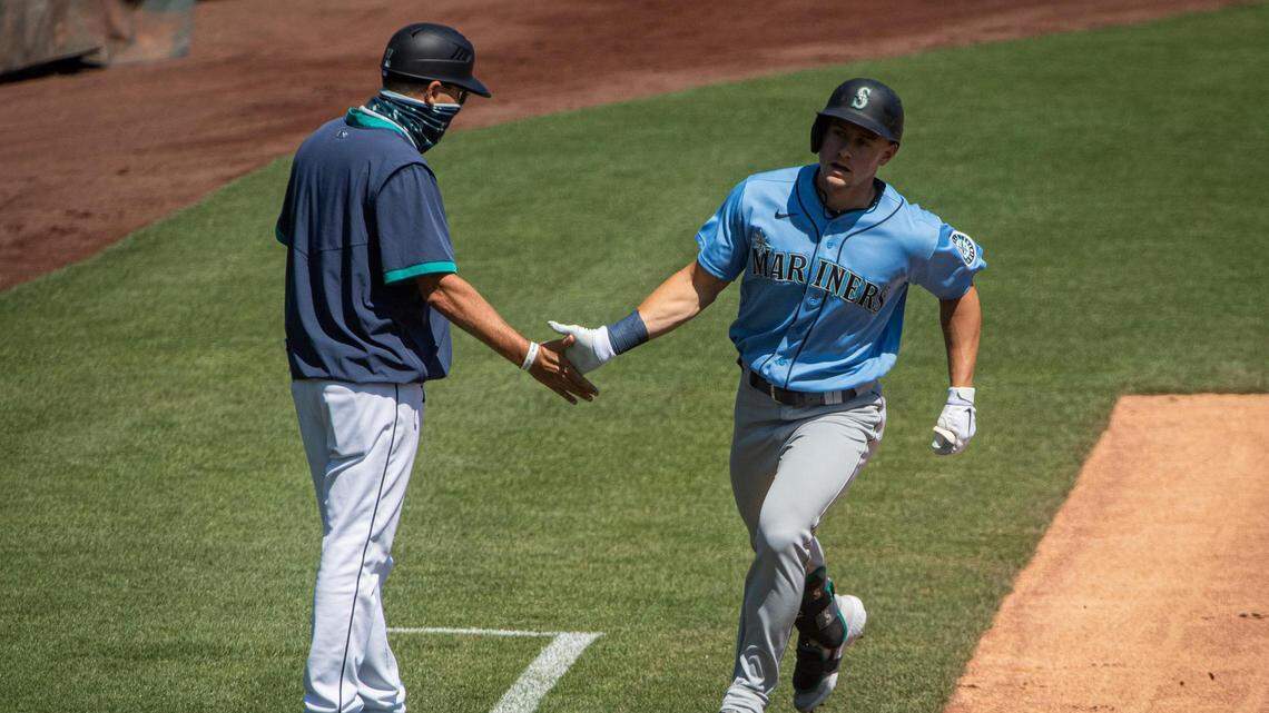Jarred Kelenic rounds third base after his first home run. The Seattle Mariners Taxi Squad played in a intrasquad game at Cheney Stadium in Tacoma, Wash., on Monday, July 27, 2020.