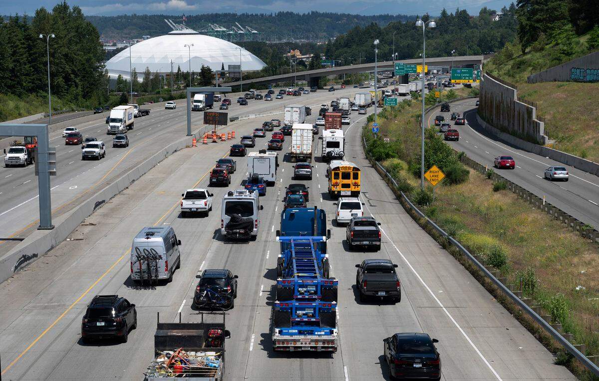Northbound traffic makes its usual backup through the construction zone on Interstate 5 through Tacoma, Washington on Thursday, June 16, 2022.