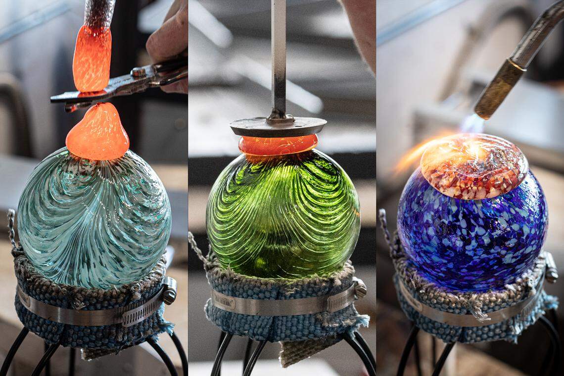 Three glass floats in production for the 2022 Monkeyshines.
