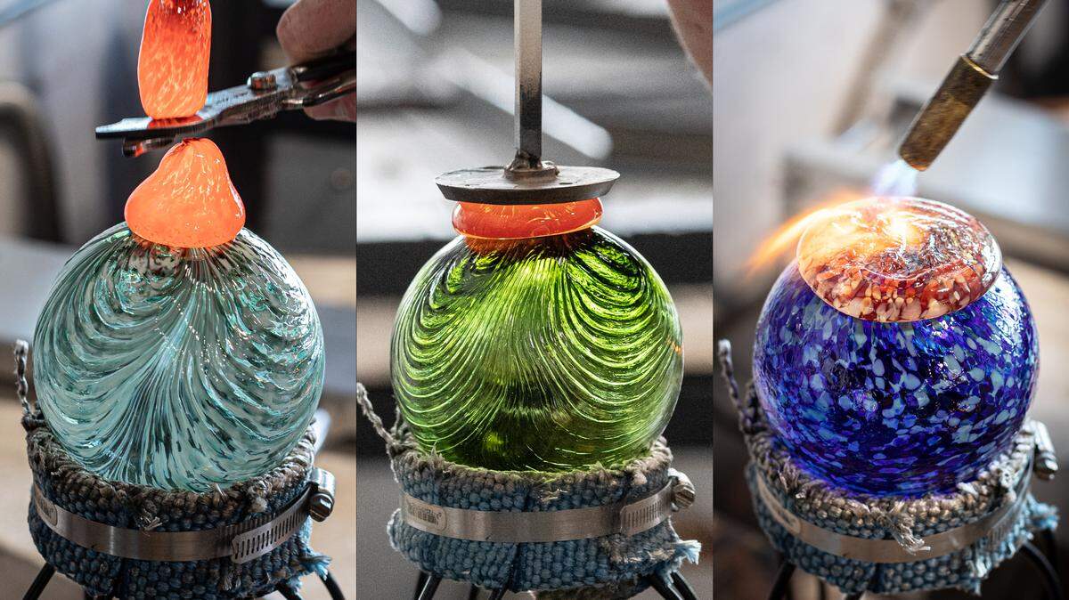 Three glass floats in production for the 2022 Monkeyshines.