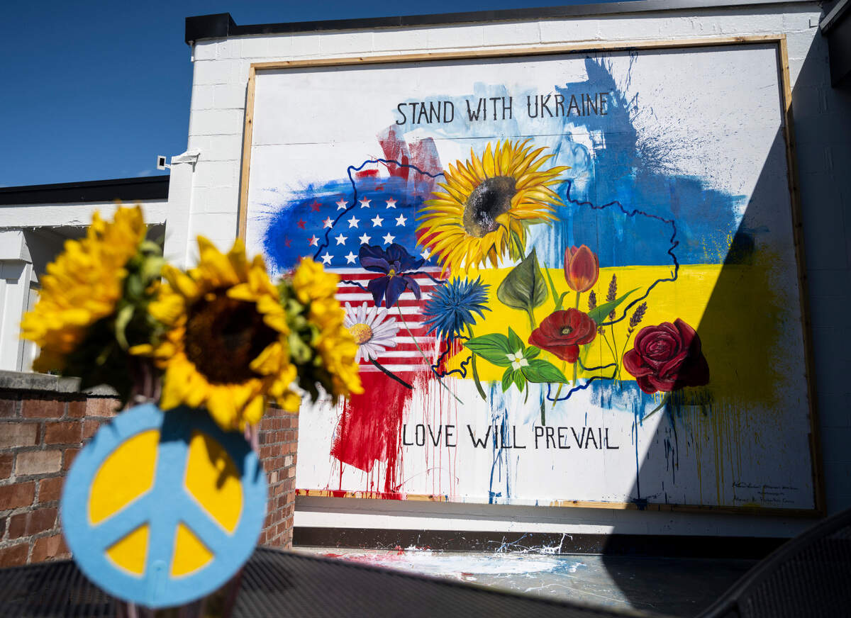 A mural in support of Ukraine can been seen on the side of Hillarie Isackson’s studio, who created the mural, in Gig Harbor, Wash. on Friday, April 8, 2022.