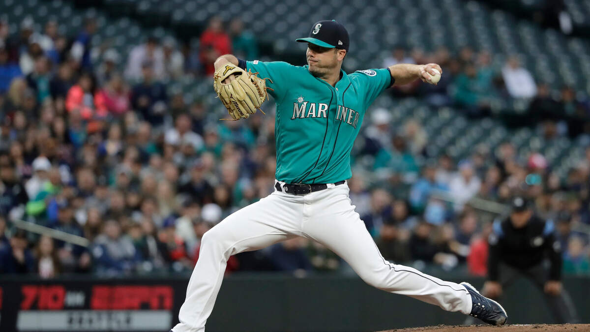 Seattle Mariners starting pitcher Wade LeBlanc throws against the Houston Astros during the first inning of a baseball game, Friday, April 12, 2019, in Seattle.