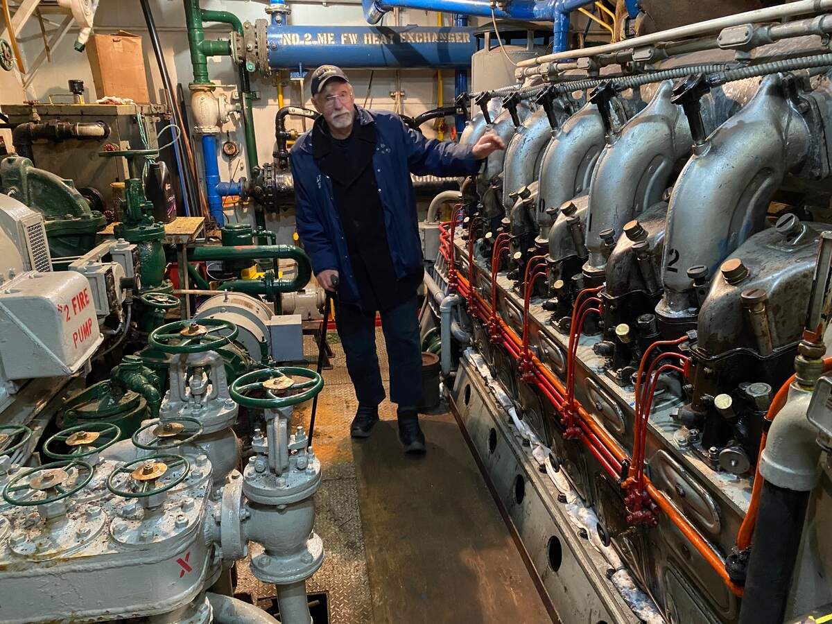 Joe Peterson walks through the engine room of the USCGC Comanche, moored at Tyee Marina, Tuesday evening. Peterson recently turned over the ship to a new non-profit that has taken over the restoration of the cutter. Peterson served aboard the Comanche’s sister ship while in the U.S. Coast Guard and his Navy father was at Pearl Harbor, Hawaii on Dec. 7, 1941.