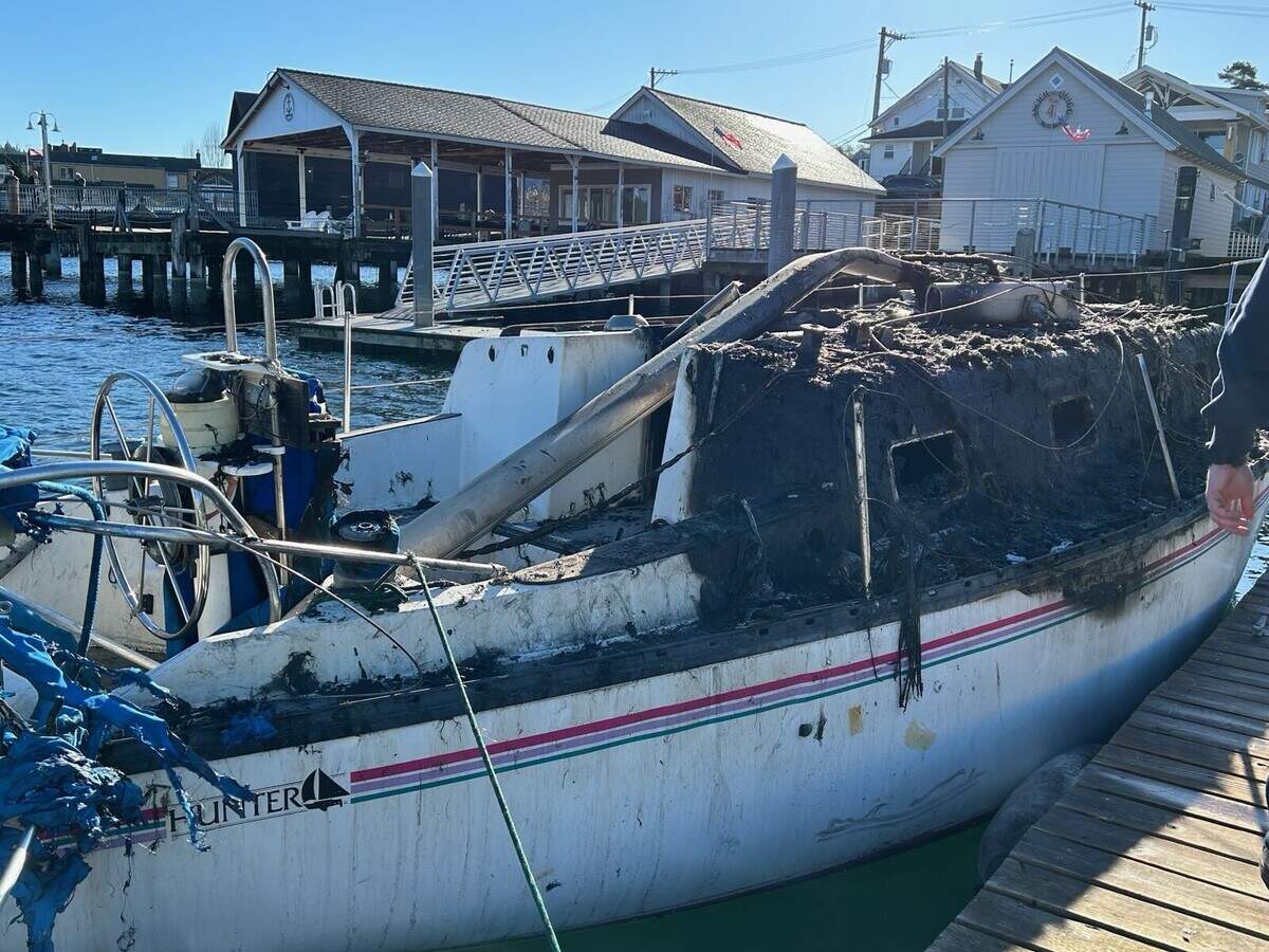 Kristina LaVair’s damaged sailboat after a dock fire broke out Saturday, Jan. 25, 2025 in Gig Harbor, Wash.
