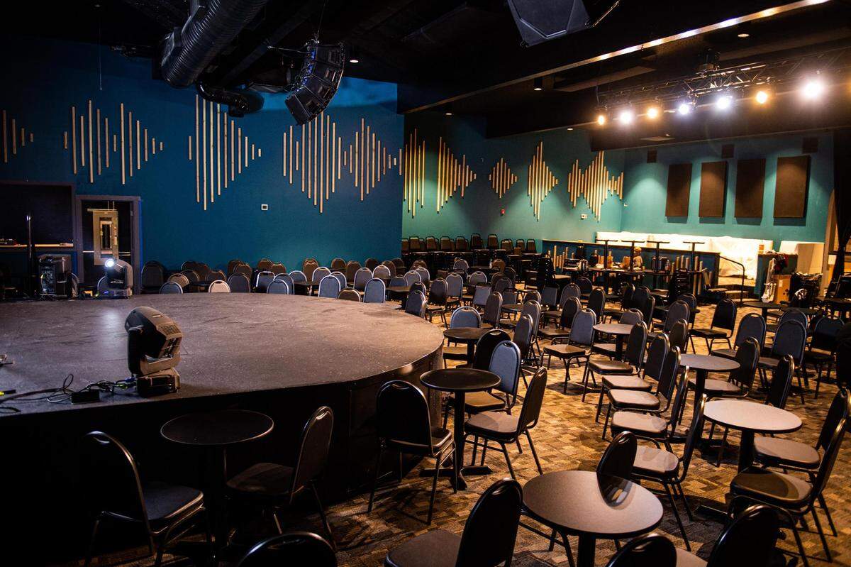 A view of the stage set up inside Nate Jackson’s Super Funny Comedy Club in Tacoma on Monday, June 22, 2020. Jackson said he made the stage with the proper height in mind to shoot stand-up specials