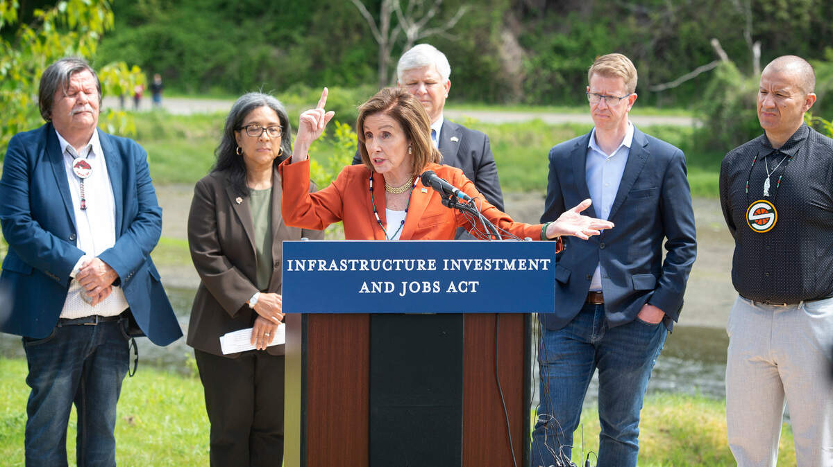 Speaker of the U.S. House of Representatives Nancy Pelosi speaks during an Infrastructure Investment and Jobs Act press conference in front of the Chambers Creek Dam in University Place, Washington, on Wednesday, May 4, 2022.