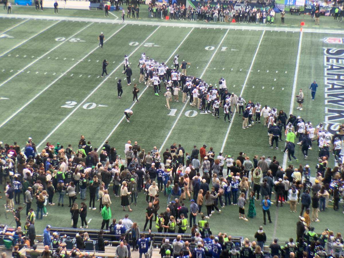 Doug Baldwin, Cliff Avril, Kam Chancellor, Ricardo Lockette, Tony McDaniel and John Ryan were among the Seahawks from the 2013 Super Bowl-winning season who watched the 2023 players get hopping hyped to play the Carolina Panthers Sept. 24, 2023, at Lumen Field.