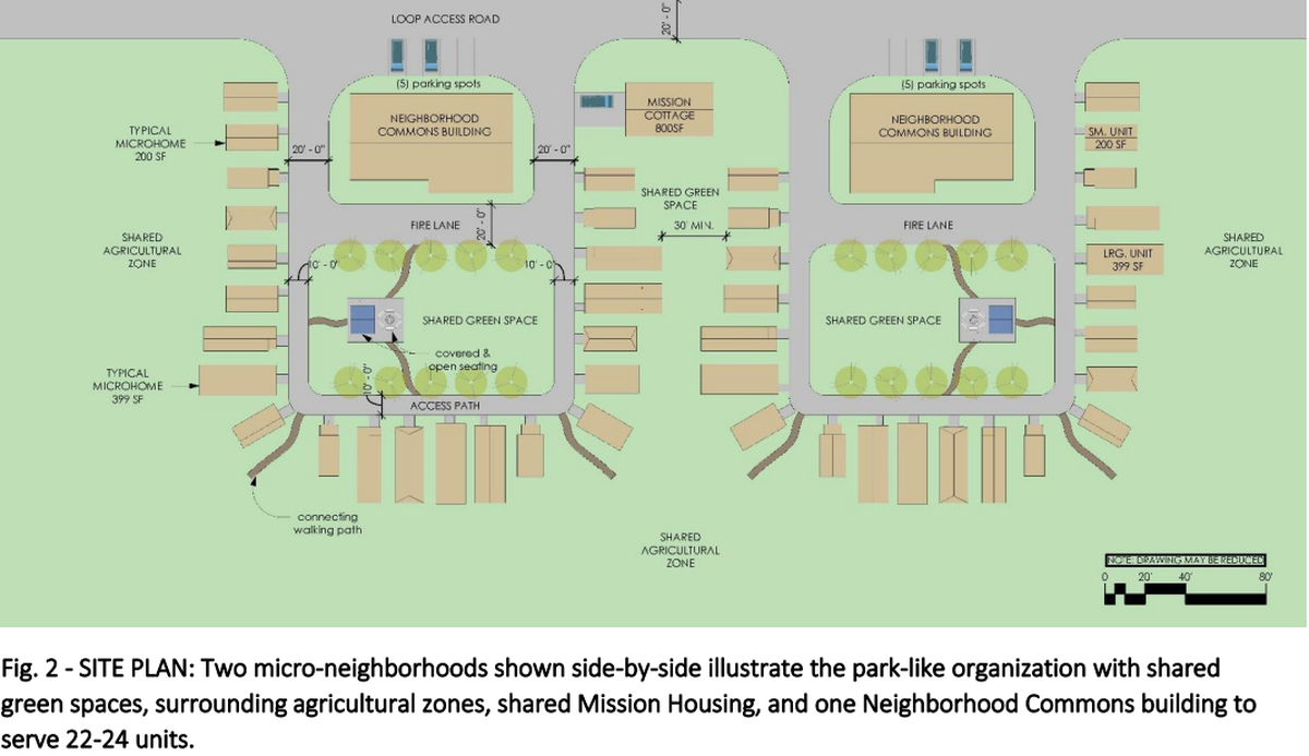 An artist rendering shows a proposed site plan for two micro-neighborhoods in a shared housing village near Spanaway.