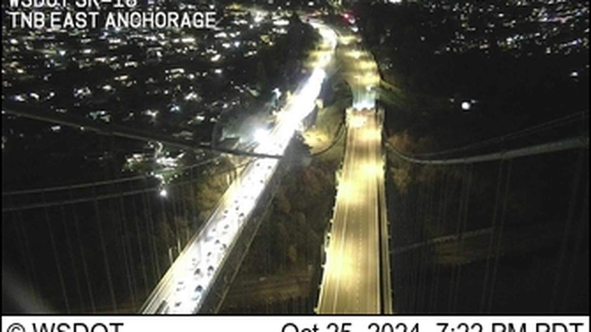 Traffic backups began at 6:46 p.m. on the Narrows Bridge due to police activity on Friday, Oct. 25, 2024.