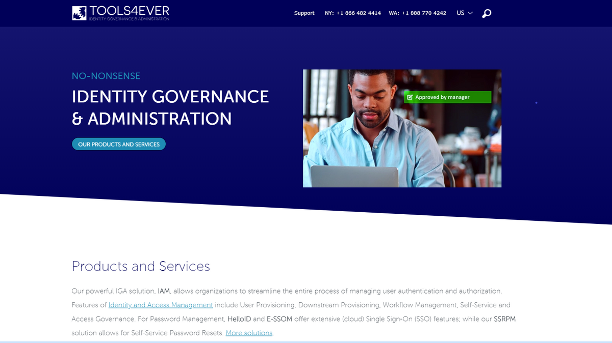 A screenshot of Tools4ever's website. The company has US offices in Puyallup and Lynbrook, New York.