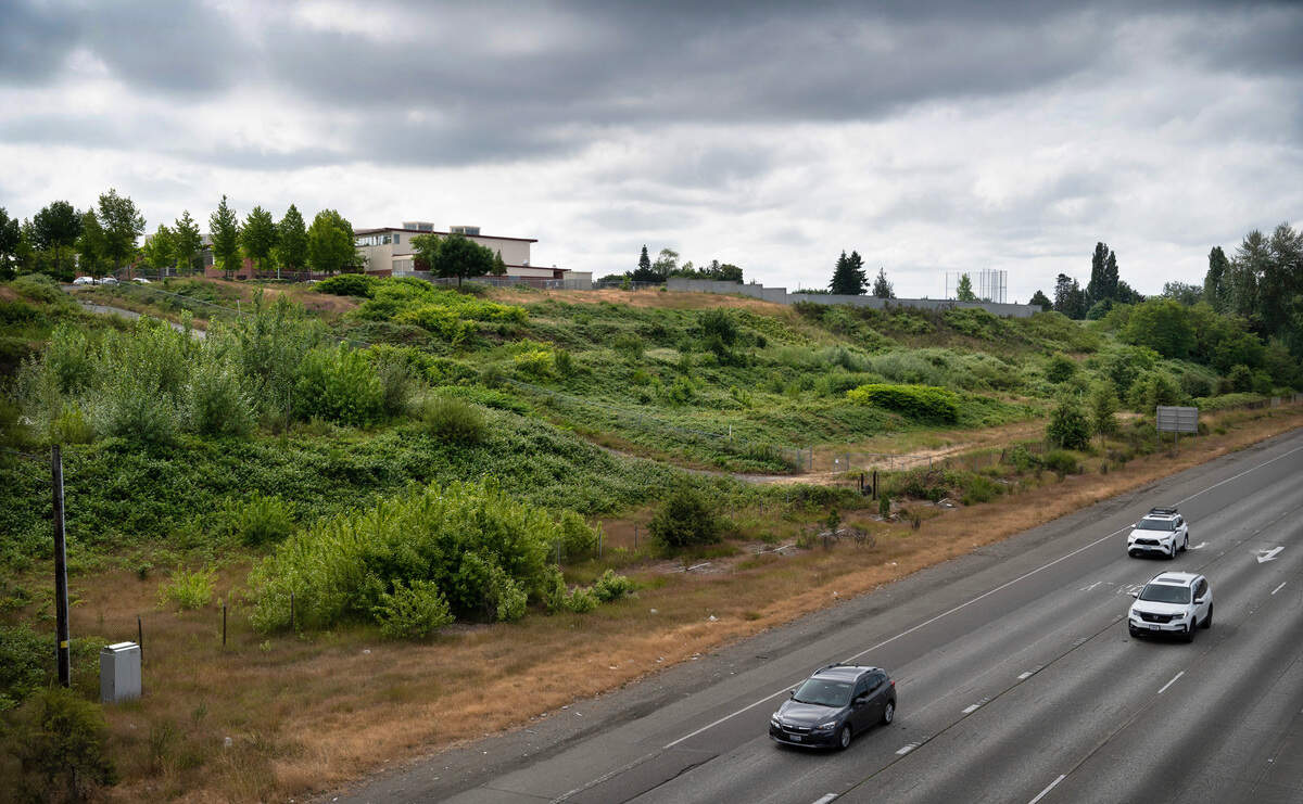 The former planned site for a new Mor Furniture store along Interstate 5 at 48th Avenue in Tacoma, Washington, shown on Wednesday, June 21, 2023.