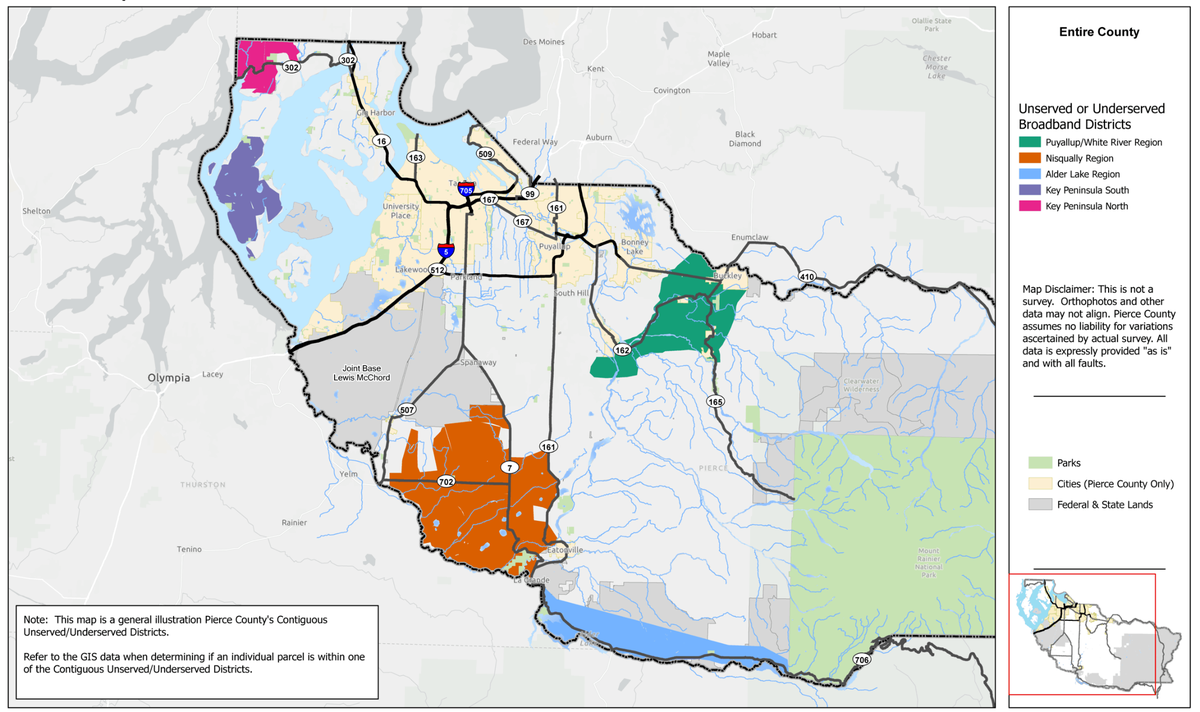 An illustrated map depicts areas of Pierce County that are unserved or underserved in terms of broadband internet access.