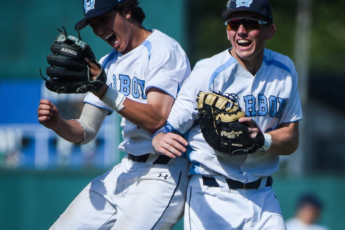 Gig Harbor’s Zach Toglia, left, and Owen Wild, right, celebrate Gig Harbor’s win against Mountain View. Gig Harbor played Mountain View in a baseball game at Heidelberg Park in Tacoma, Wash., on Saturday, May 11, 2019.