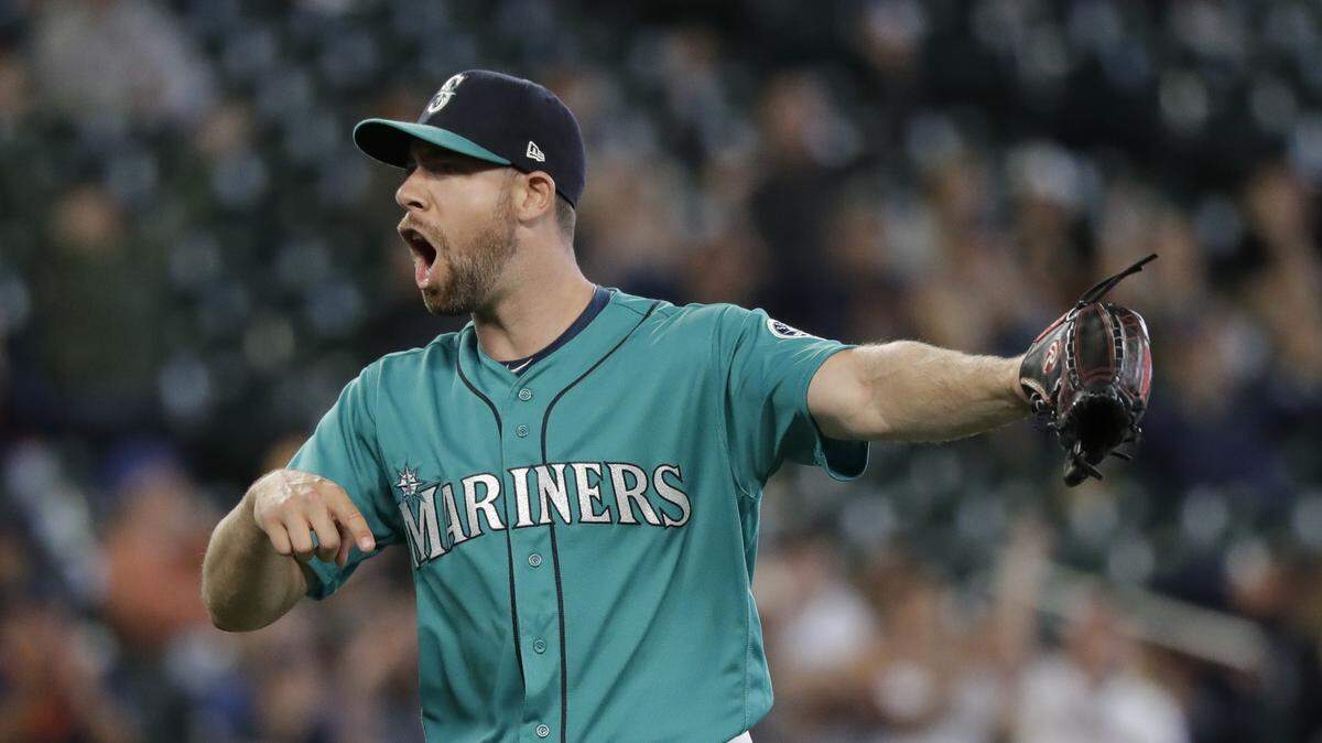 Seattle Mariners relief pitcher Brandon Brennan complains about a call in favor of the Houston Astros in the 11th inning of a baseball game Thursday, June 6, 2019, in Seattle.