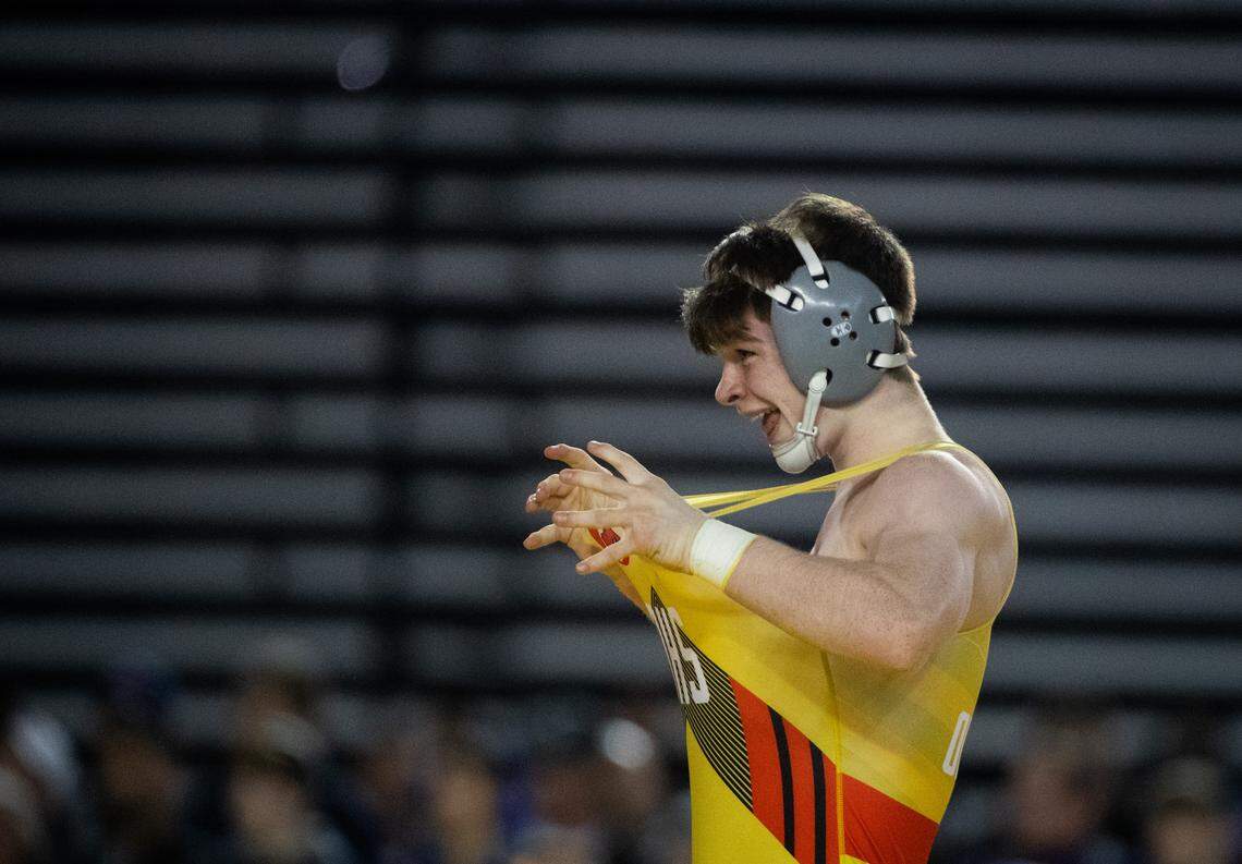 Orting’s Conor Goucher celebrates winning the 2A 126 pound championship during day two of Mat Classic XXXII at the Tacoma Dome in Tacoma, Wash., on Saturday, Feb. 22, 2020.