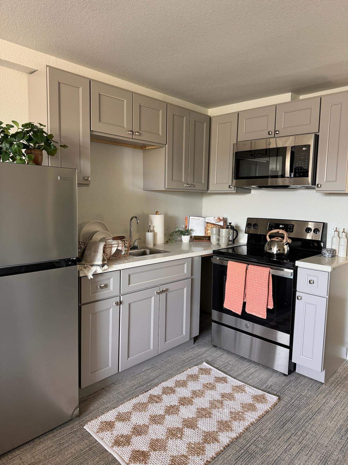 A completed kitchen in one of the new units at Thea Apartments in Tacoma.