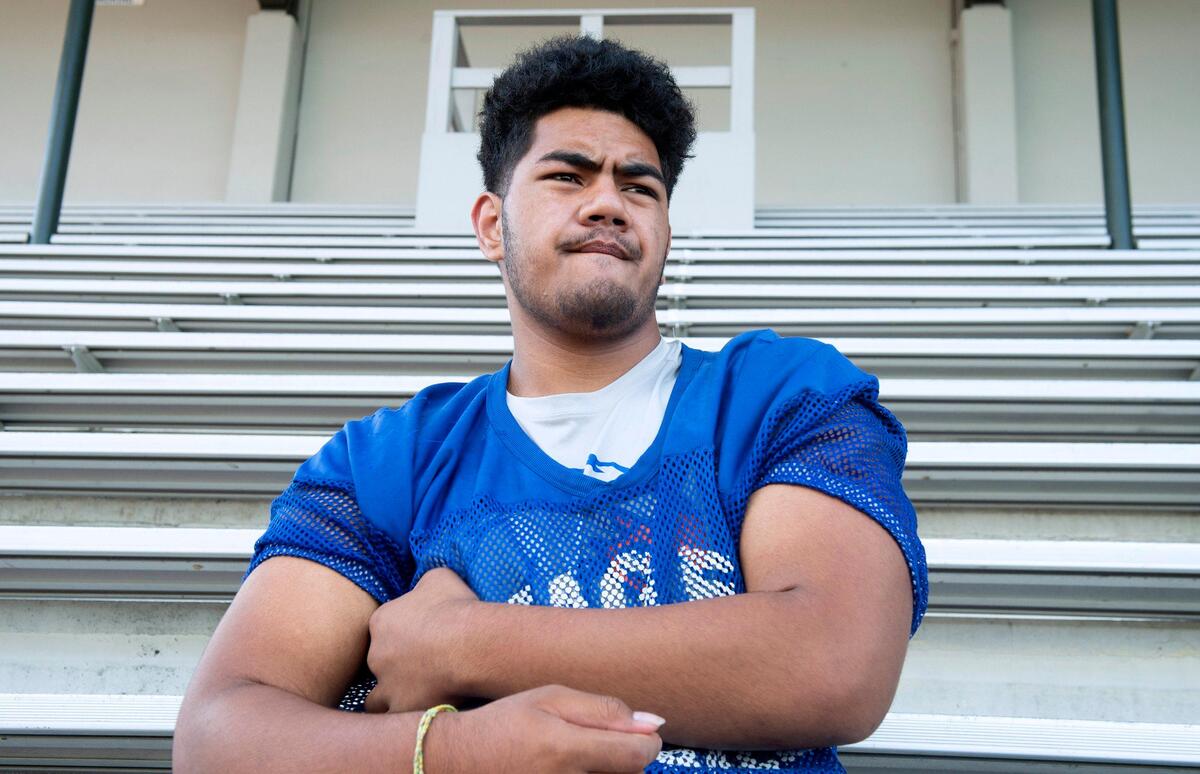 Graham Kapowsin sophomore lineman Vega Ioane during football practice at Art Crate Field in Spanaway on Thursday, Aug. 22, 2019.