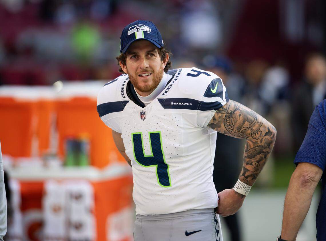 Dec 8, 2024; Glendale, Arizona, USA; Seattle Seahawks punter Michael Dickson (4) against the Arizona Cardinals at State Farm Stadium. Mandatory Credit: Mark J. Rebilas-Imagn Images