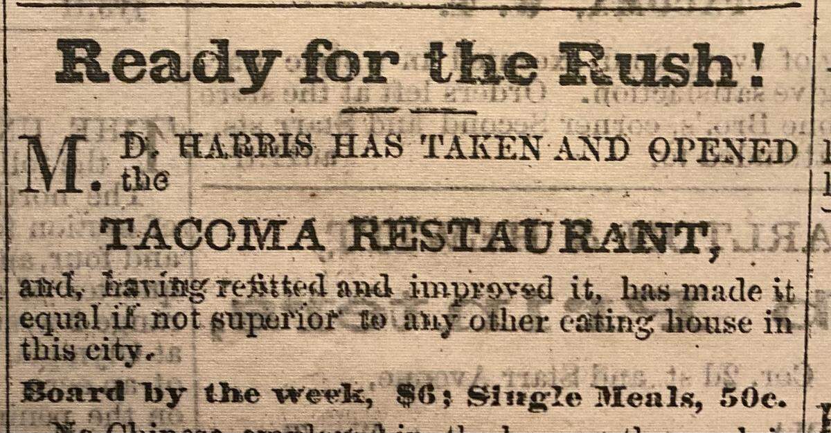 An ad from the Daily Pacific Tribune, dated Aug. 26, 1873, is on display at the Washington State History Museum in Tacoma.