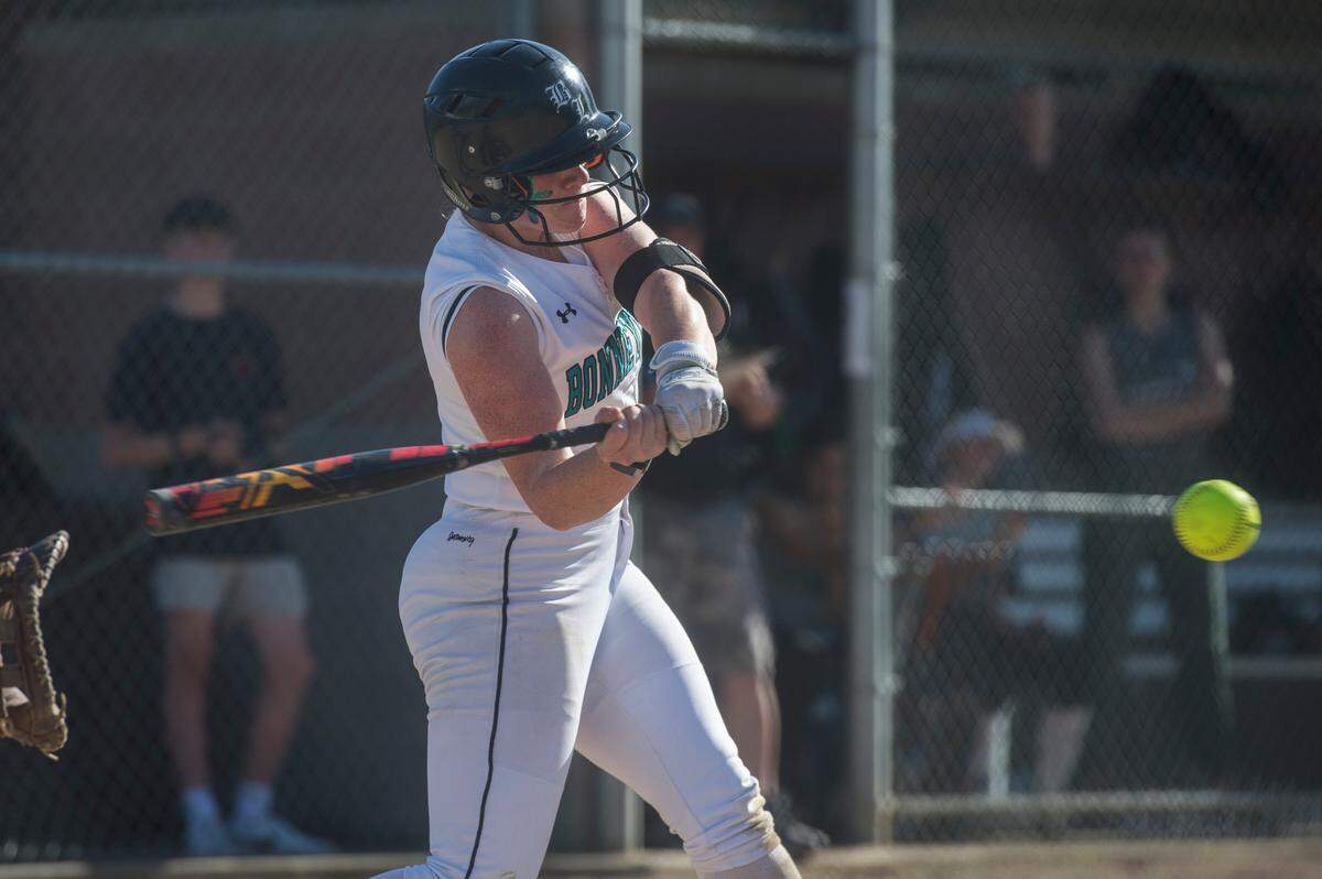 Bonney Lake outfielder Kyla Cross swings at a pitch in a nonleague softball game against Jackson on Friday, April 28, 2023 at Jackson High School in Mill Creek, Wash.