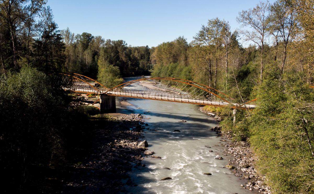 The newly opened Foothills Trail bridge connects King and Pierce County over the White River, on Tuesday, Oct. 1, 2024, in Enumclaw, Wash.