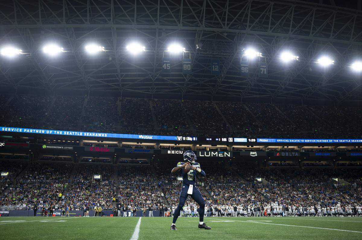 Seattle Seahawks quarterback Jalen Milroe (6) warms up during the third quarter of the game against the Las Vegas Raiders at Lumen Field, on Thursday, Aug. 7, 2025, in Seattle, Wash.