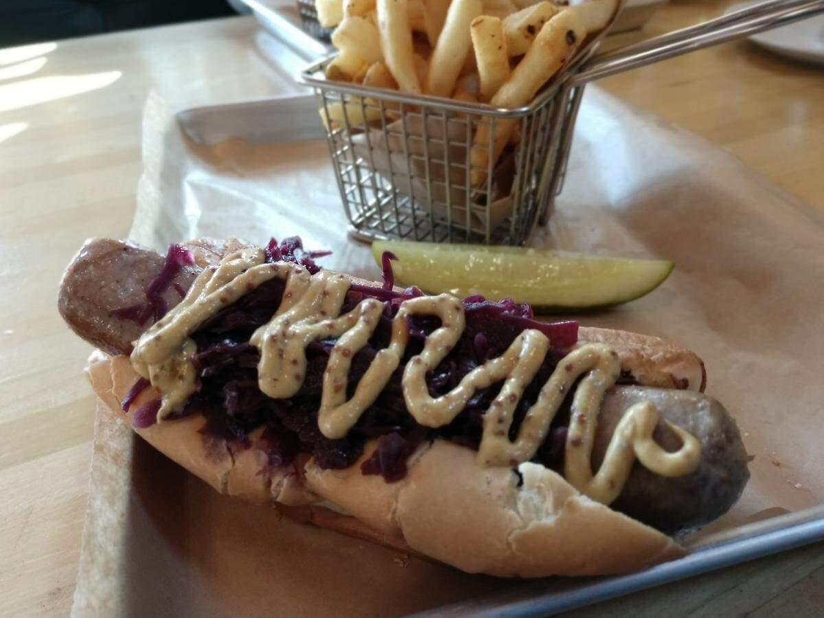 The bratwurst from Two Town Saloon & Eatery.