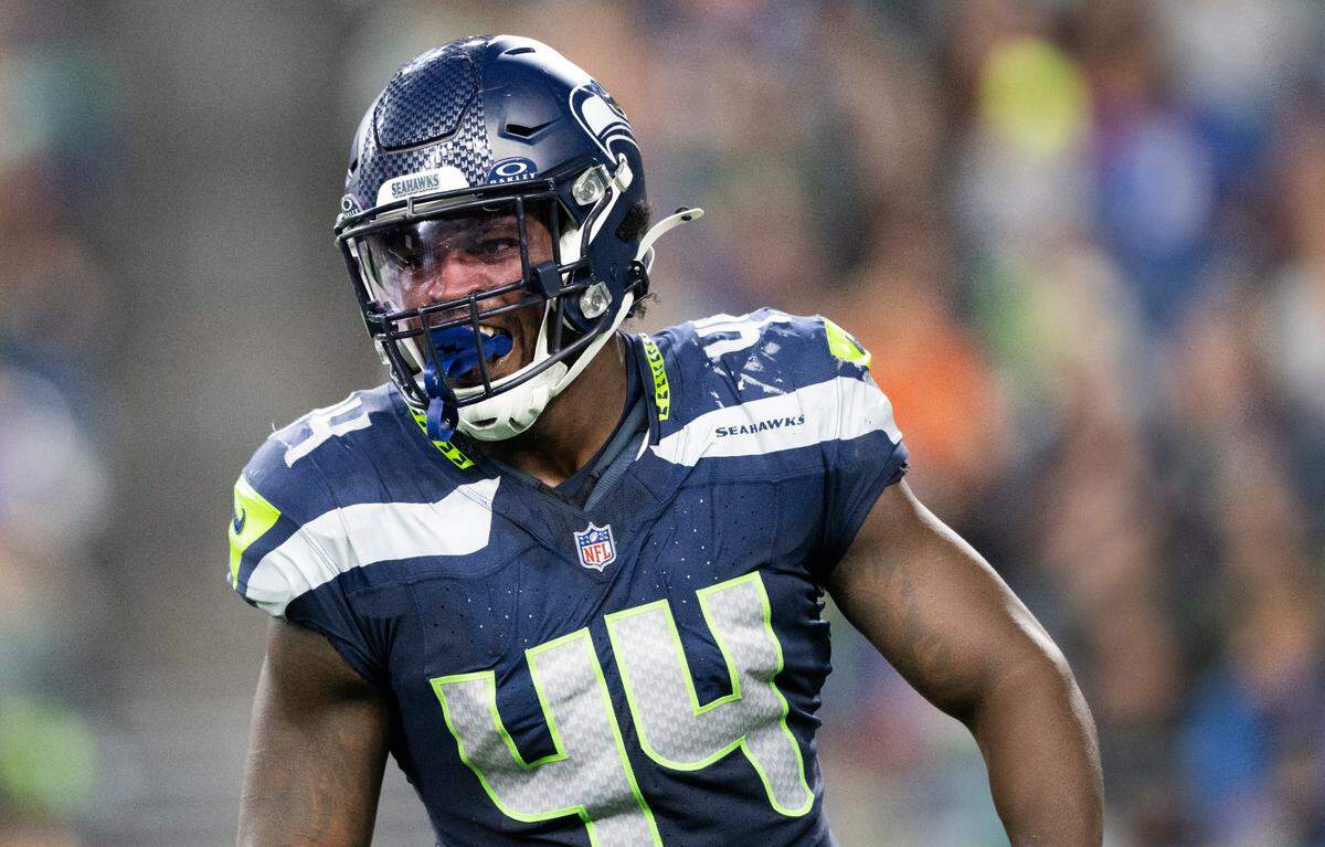 Seattle Seahawks linebacker Jamie Sheriff (44) races to a sack on Cleveland Browns quarterback Tyler Huntley of the preseason game at Lumen Field, on Saturday, Aug. 24, 2024 in Seattle, Wash.