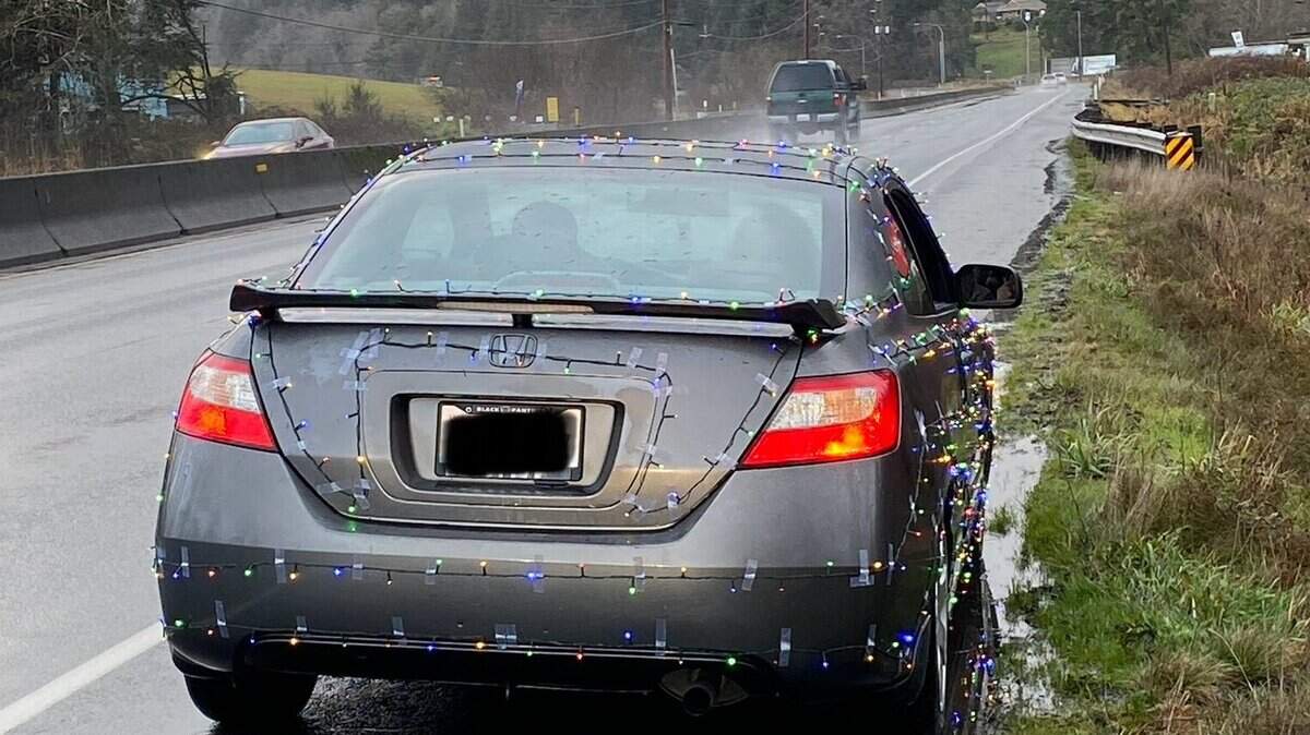 A vehicle was stopped by Washington State Patrol in Grays Harbor for having Christmas lights attached to its exterior. 