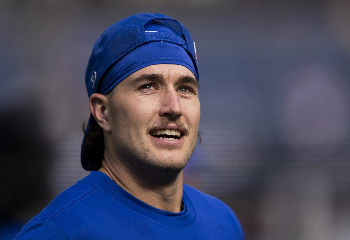 Seattle Seahawks wide receiver Jake Bobo (19) looks on before the game against the Tampa Bay Buccaneers at Lumen Field, on Sunday, Oct. 5, 2025, in Seattle.