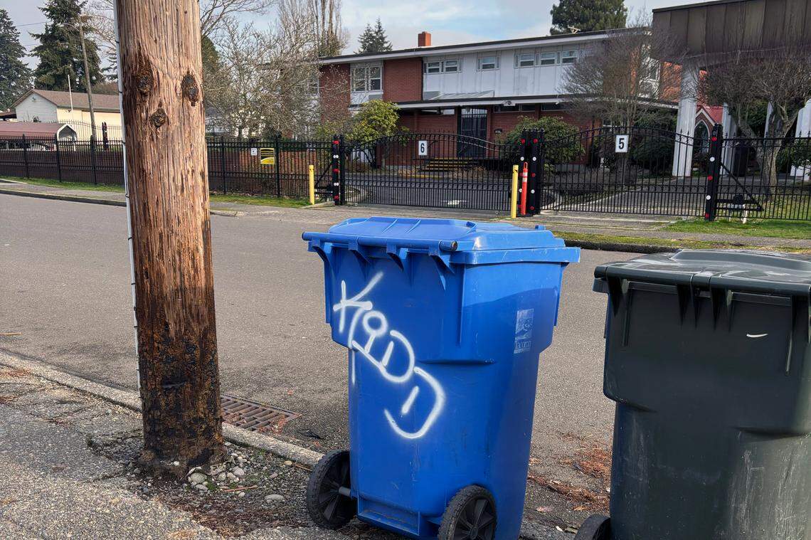A garbage can, which belongs to Living Word Ministry, was vandalized with graffiti on Monday, Jan. 6, 2025.