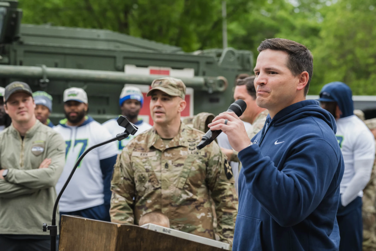 Coach Mike Macdonald took his Seahawks on what for them was an impromptu visit with soldiers in the 1-2 Stryker Brigade Combat Team at Joint Base Lewis-McChord in Pierce County June 4, 2024.
