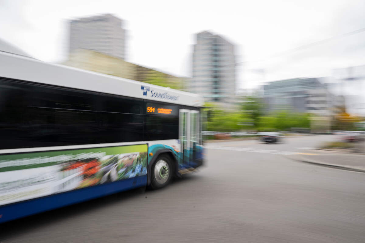 Sound Transit bus 594 leaves the bus stop at 14th and Pacific Ave., on Tuesday, May 13, 2025, in Tacoma, Wash.