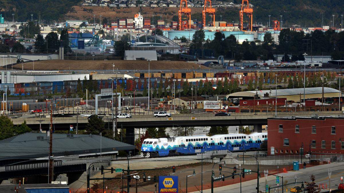 A Sounder heavy-rail commuter train heads out of Tacoma’s Freighthouse Square Station en route to Lakewood Station. Light rail is scheduled to connect from Federal Way to Freighthouse Square by 2030, assuming Sound Transit meets its project list on time. The agency’s board will have something to say about that.