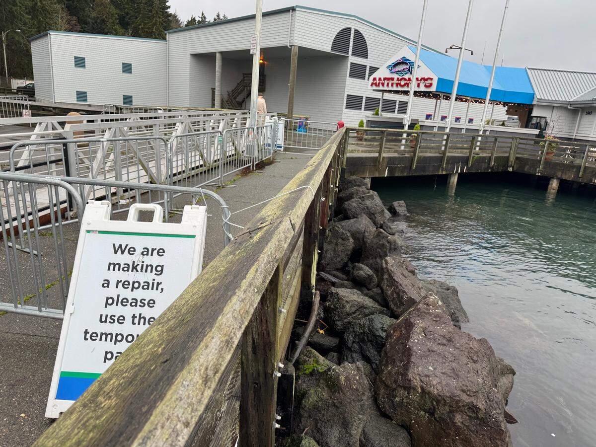 Riprap is the first line of defense against the sea along a sidewalk leading to Anthony’s restaurant at the Point Defiance Marina on Dec. 27, 2024.