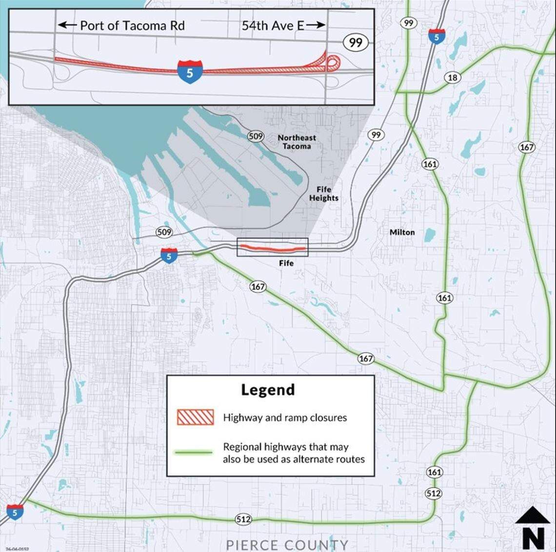 A map of Pierce County shows the impacted construction areas and alternative routes for drivers taking southbound Interstate 5 this weekend.