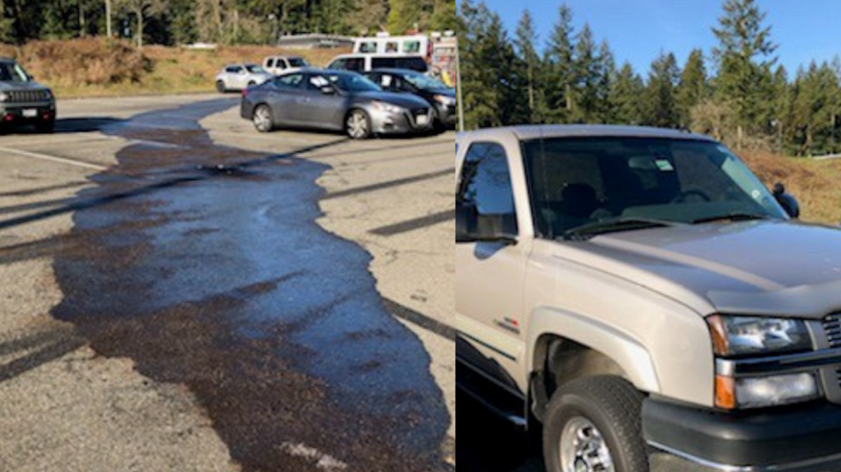 A diesel sheen was left in the Purdy Park-and-Ride lot after a fuel tank was drilled on Dec. 1, 2020.