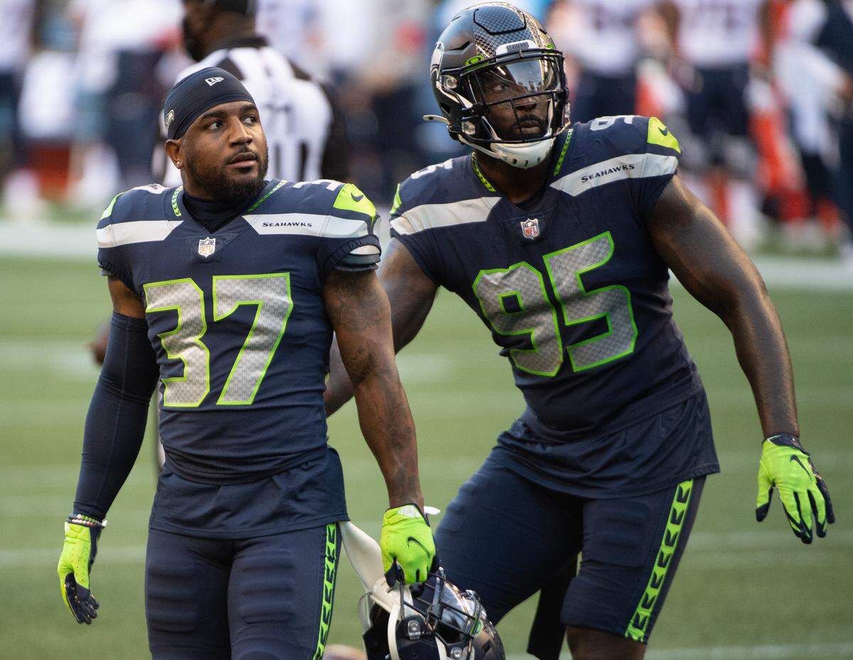 Seattle Seahawks safety Quandre Diggs (37) is ejected during the first quarter. The Seattle Seahawks played the New England Patriots in a NFL football game at CenturyLink Field in Seattle, Wash., on Sunday, Sept. 20, 2020.