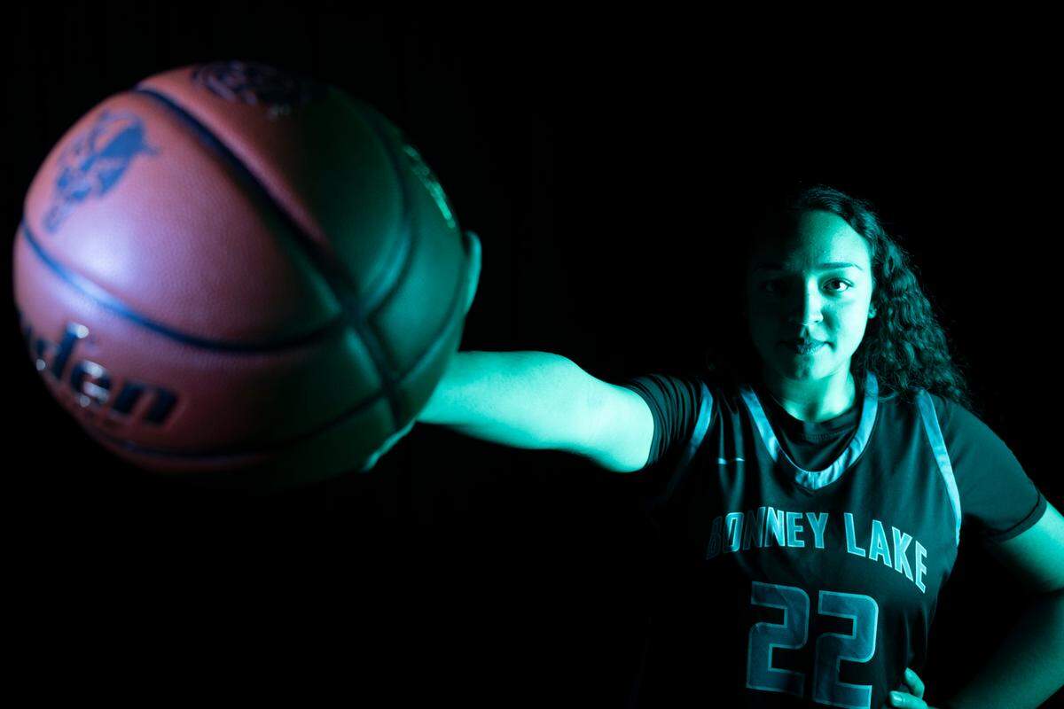 Bonney Lake’s Jazmyn Shipp poses for a portrait after being selected as The News Tribune’s 2024 All-Area basketball player of the year, at Silas High School, on Sunday, March 17, 2024 in Tacoma, Wash.