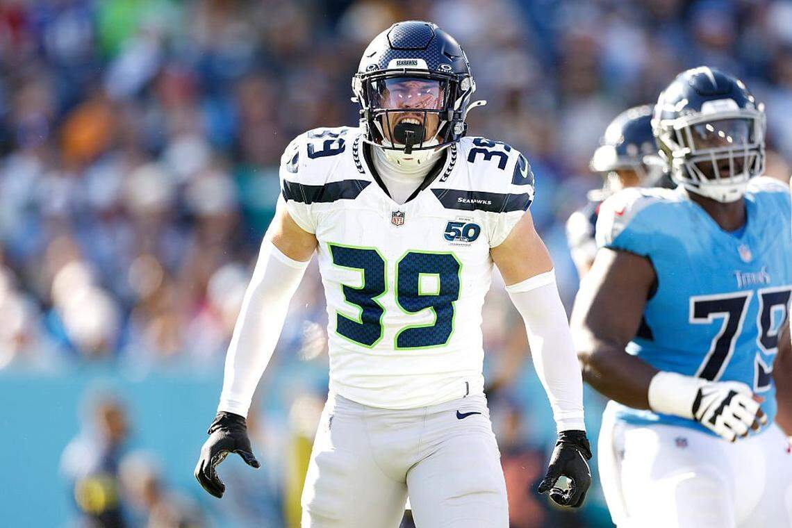 NASHVILLE, TENNESSEE - NOVEMBER 23: Ty Okada #39 of the Seattle Seahawks reacts in the first half of the game against the Tennessee Titans at Nissan Stadium on November 23, 2025 in Nashville, Tennessee. (Photo by Johnnie Izquierdo/Getty Images)