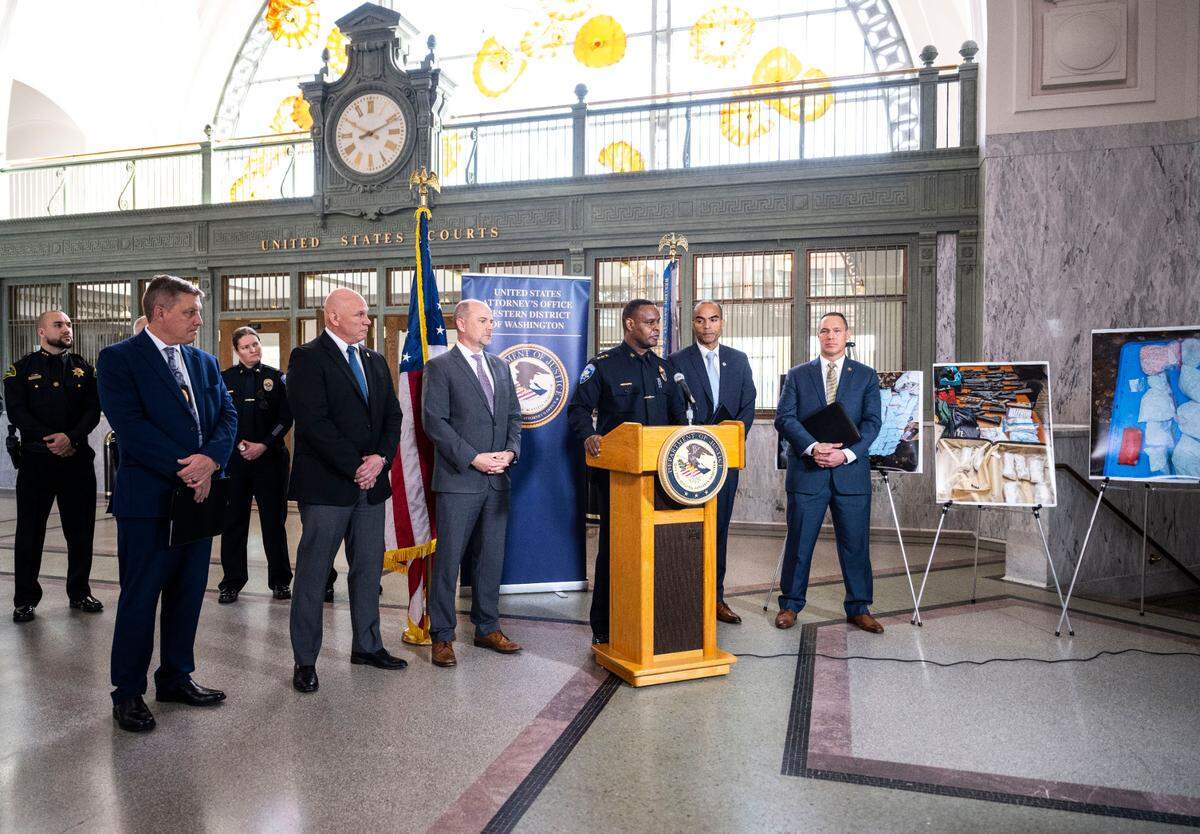 Tacoma Police Chief Avery Moore speaks at a Monday press conference in Tacoma about the investigation into a drug trafficking conspiracy that led to the indictments of 27 people, two of them from Burbank, Wash.