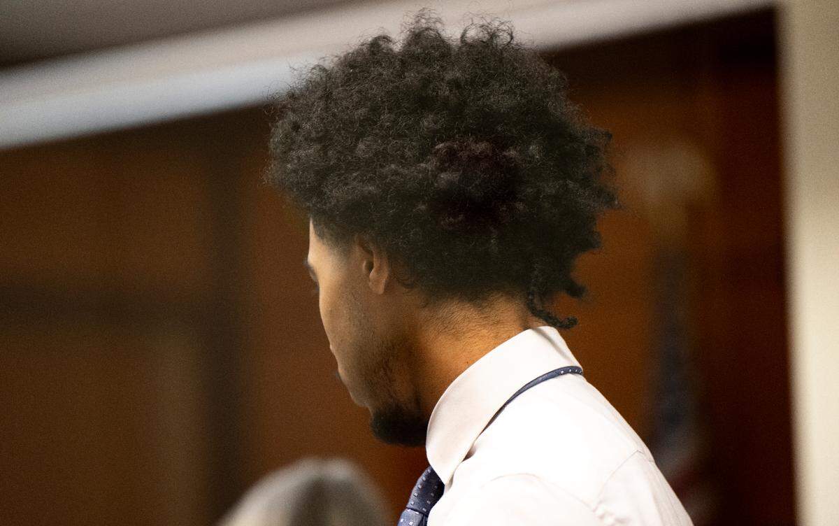 Marshon Jones walks into court Friday to be sentenced with co-defendant Montrell Hatfield, in the March 2022 murder of Jordan Brown in a robbery.