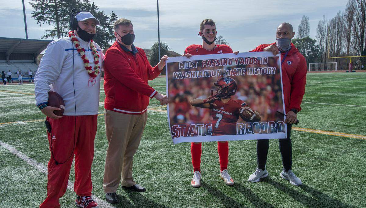 Play was halted in the second quarter after Kennedy Catholic quarterback Sam Huard broke the state’s career record for passing yards, topping Brett Rypien’s all-time mark Saturday against Kentwood.