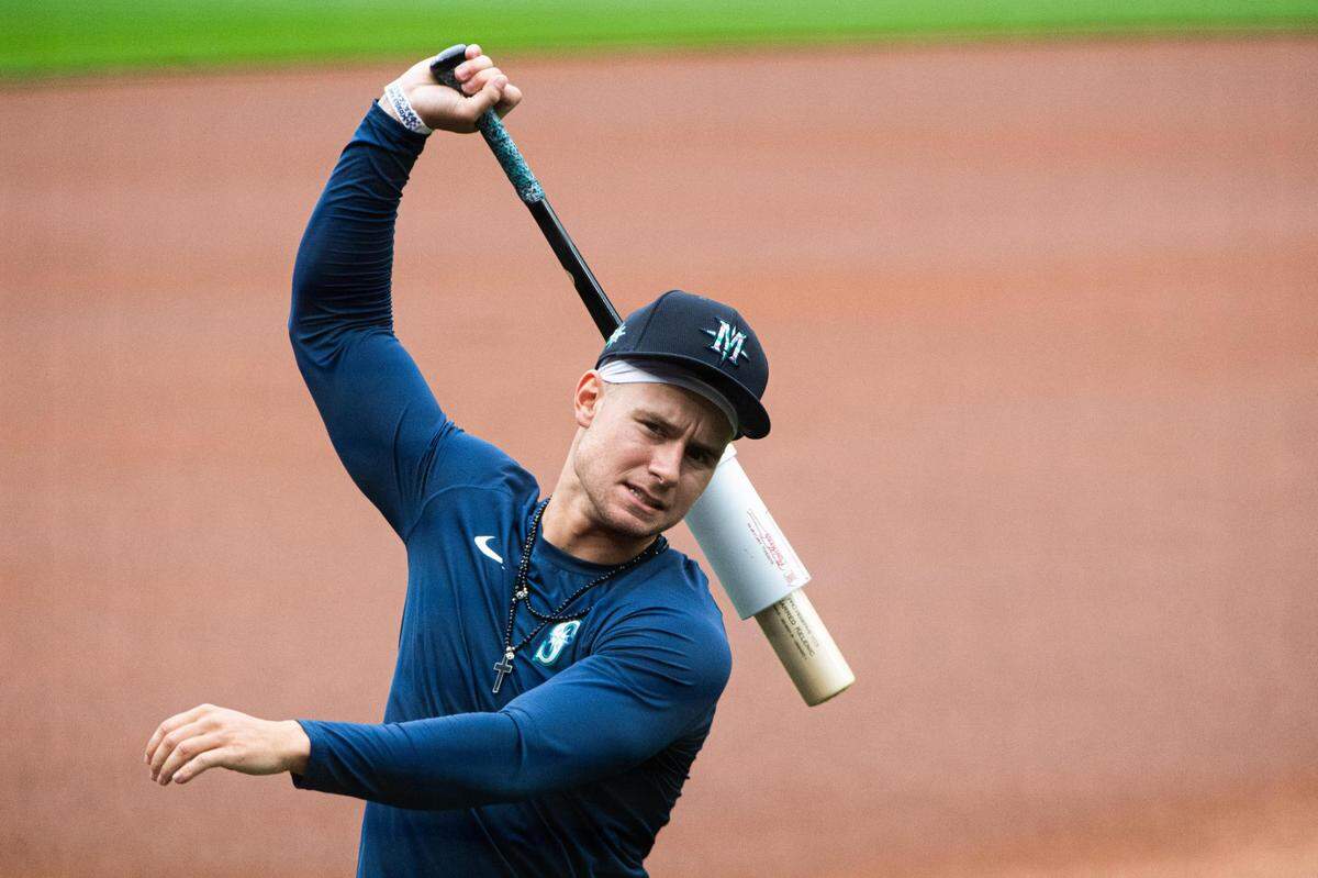 Jarred Kelenic swings his bat during the Seattle Mariners Spring Training at T-Mobile Park in Seattle, Wash., on Friday, July 3, 2020.