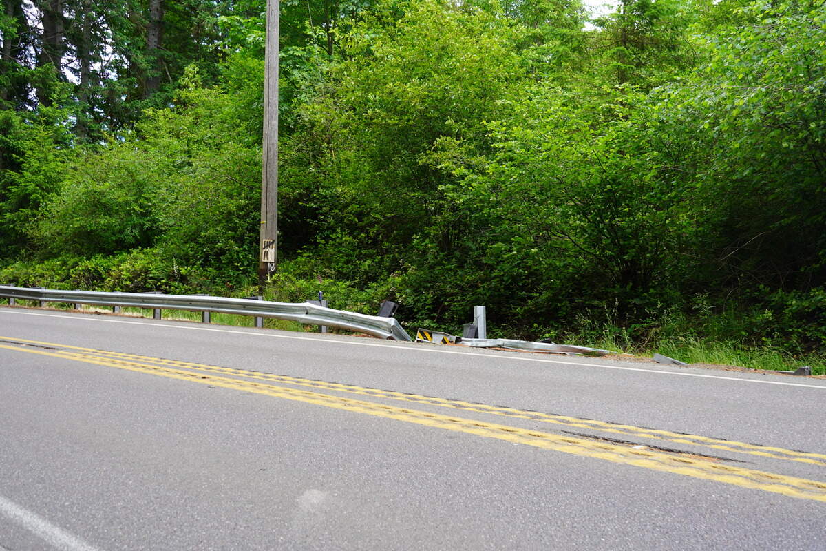The crumpled end of the guardrail along state Route 302 in Wauna on Tuesday, June 9, 2026.