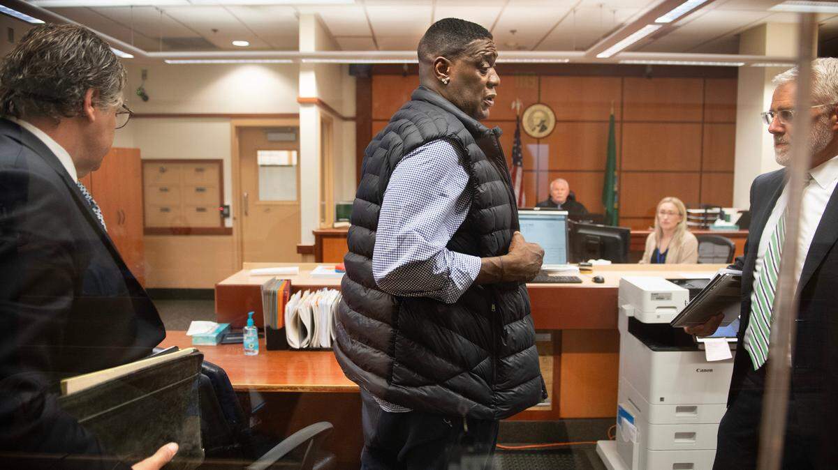 Former Seattle Supersonics basketball player Shawn Kemp appears in Pierce County Superior Court in Tacoma, Washington, on Thursday, May 4, 2023, to be arraigned on charge of first-degree assault for a March 8 shooting at the Tacoma Mall.