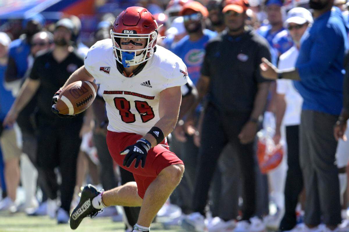Eastern Washington wide receiver Efton Chism III (89) runs after catching a pass during the second half of an NCAA college football game against Florida, Sunday, Oct. 2, 2022, in Gainesville, Fla. (AP Photo/Phelan M. Ebenhack)