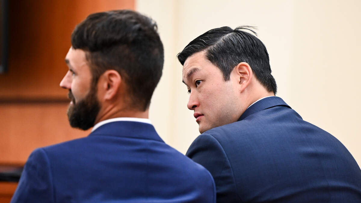 Defendants Christopher “Shane” Burbank and Timothy Rankine sit in the gallery during the pre-trail motion in the trial of Tacoma Police Officers Christopher Burbank, Matthew Collins and Timothy Rankine in the killing of Manny Ellis at Pierce County Superior Court Monday, Sept. 18, 2023, Tacoma, Wash.