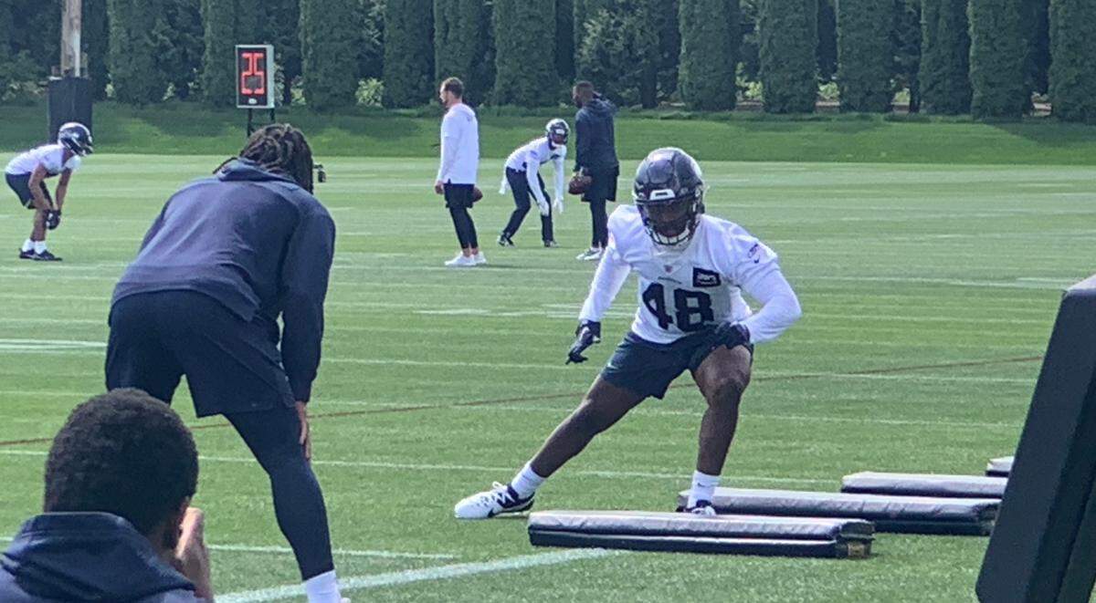 Fourth-round NFL draft choice Tyrice Knight from the University of Texas-El Paso practices on the first day of Seattle Seahawks rookie minicamp May 3, 2024, at the team’s Virginia Mason Athletic Center in Renton.