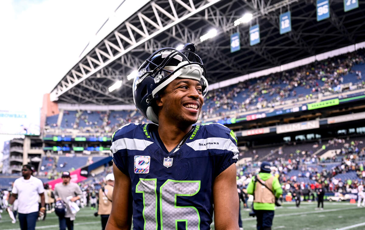 Seattle Seahawks wide receiver Tyler Lockett (16) smiles after the Seahawks’ 20-10 victory against the Arizona Cardinals at Lumen Field, Sunday, Oct. 22, 2023, in Seattle, Wash.